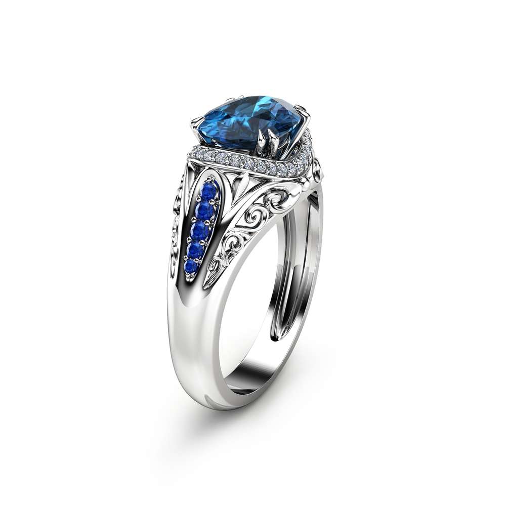 Oval Blue Topaz Ring in 14K White Gold Unique Right Hand Ring Oval Cut Natural Topaz Ring Art Deco Styled Halo Ring Cocktail Ring